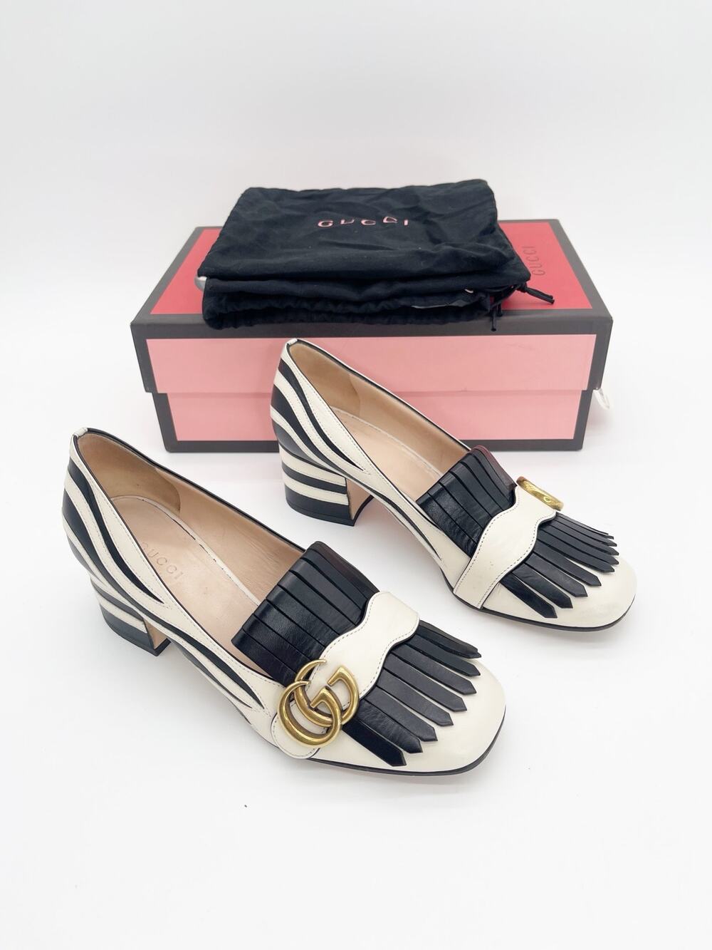 Gucci Marmont Kiltie Zebra Stripe Black White Leather Block Heel Pumps IT 37.5